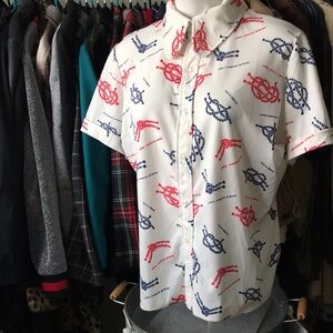 PROJECT Vintage 1970s Fire Island Women White and Red Nautical Knot Print Blouse